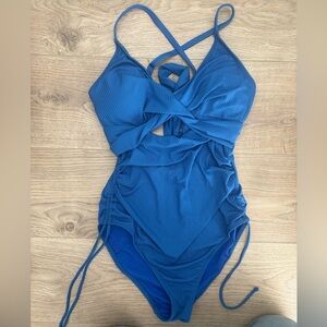 Blue Ribbed Cut-Out One Piece Swimsuit S Adjustable Tie Ruched Sides